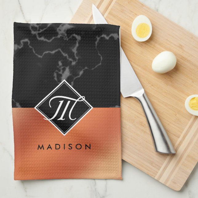 Elegant Black Marble & Bronze Foil Monogram Tea Towel (Quarter Fold)