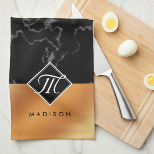 Elegant Black Marble & Copper Foil Monogram Tea Towel