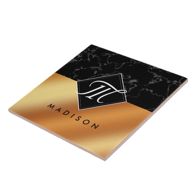 Elegant Black Marble & Copper Foil Script Monogram Tile (Side)