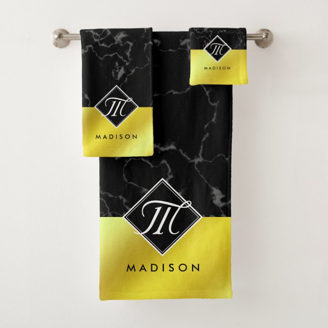 Elegant Black Marble & Gold / Brass Foil Monogram Bath Towel Set (Insitu)