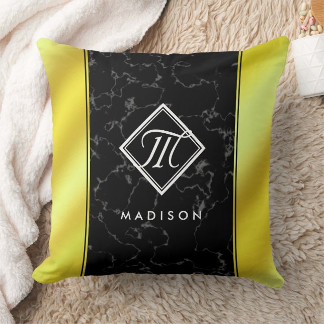 Elegant Black Marble & Gold / Brass Foil Monogram Cushion (Blanket)