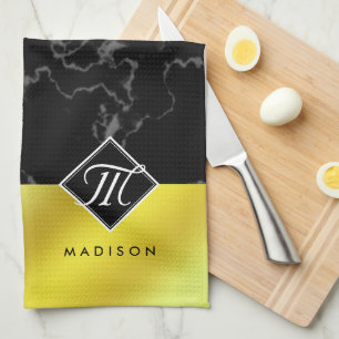 Elegant Black Marble & Gold / Brass Foil Monogram Tea Towel