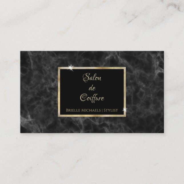 Elegant Black Marble Gold Frame Hair Salon Business Card (Front)