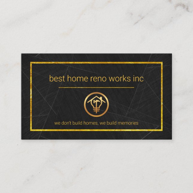 Elegant Black Marble Gold Frame Home Renovations Business Card (Front)