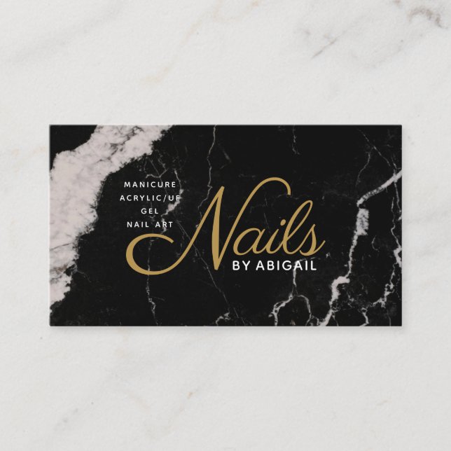 Elegant Black Marble Gold Nails By "Name" Business Card (Front)