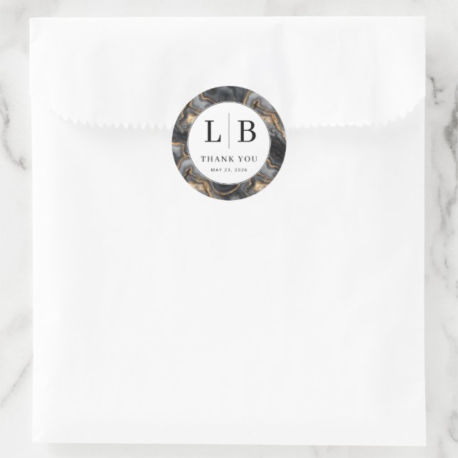 Elegant Black Marble Initials Classic Round Sticker (Bag)