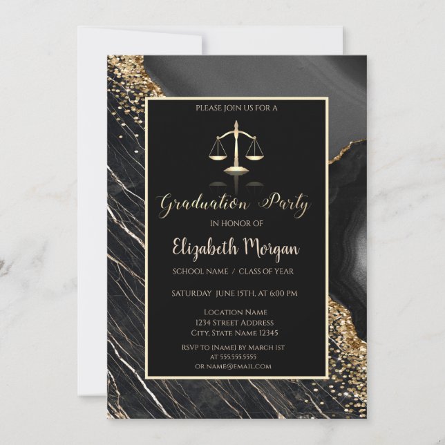 Elegant Black Marble Law School Graduation Party Invitation (Front)