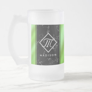 Elegant Black Marble & Lime Green Foil Monogram Frosted Glass Beer Mug