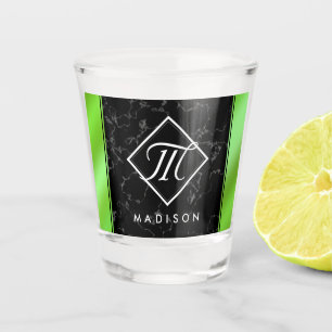 Elegant Black Marble & Lime Green Foil Monogram Shot Glass