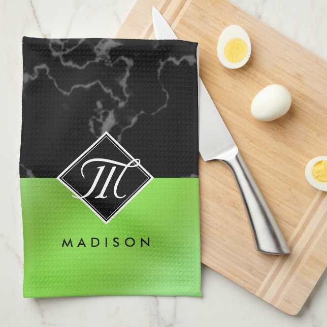 Elegant Black Marble & Lime Green Foil Monogram Tea Towel (Quarter Fold)