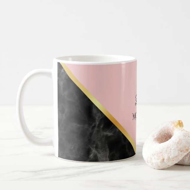 Elegant Black Marble Pink Colour Block With Name Coffee Mug (With Donut)