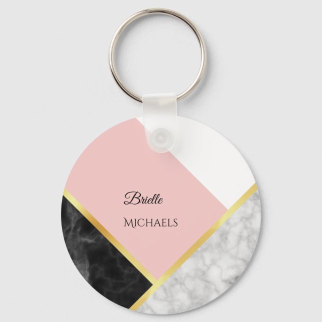 Elegant Black Marble Pink Colour Block With Name Key Ring (Front)