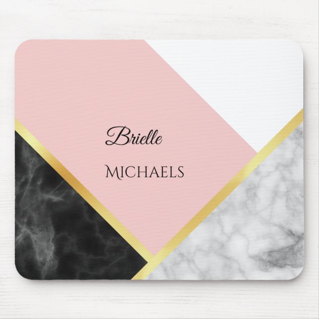 Elegant Black Marble Pink Colour Block With Name Mouse Mat (Front)