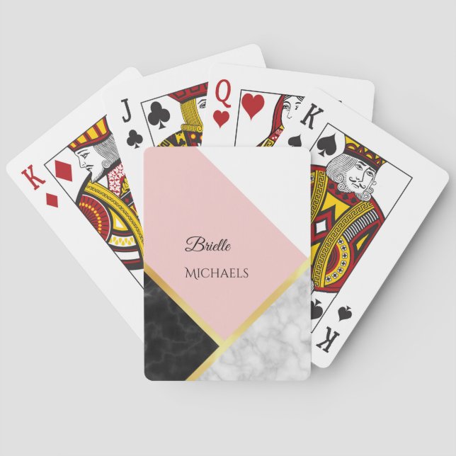 Elegant Black Marble Pink Colour Block With Name Playing Cards (Back)