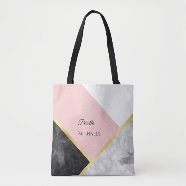 Elegant Black Marble Pink Colour Block With Name Tote Bag (Front)