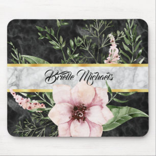 Elegant Black Marble Pink Floral With Name Mouse Mat