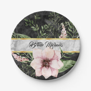 Elegant Black Marble Pink Floral With Name Paper Plate