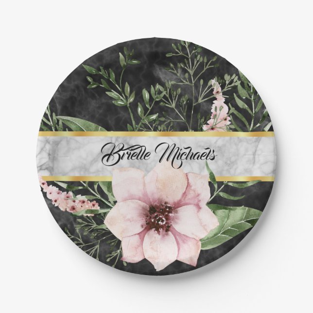 Elegant Black Marble Pink Floral With Name Paper Plate (Front)