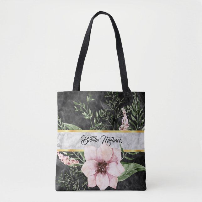 Elegant Black Marble Pink Floral With Name Tote Bag (Front)