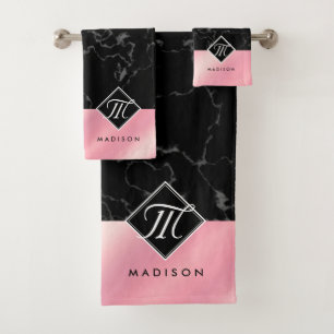 Elegant Black Marble & Pink Foil Monogram Bath Towel Set