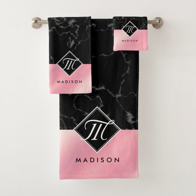 Elegant Black Marble & Pink Foil Monogram Bath Towel Set (Insitu)