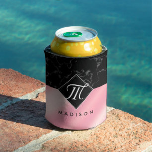Elegant Black Marble & Pink Foil Monogram Can Cooler