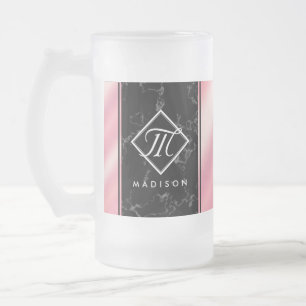 Elegant Black Marble & Pink Foil Monogram Frosted Glass Beer Mug