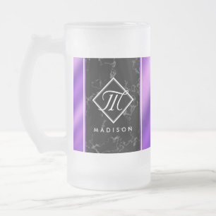 Elegant Black Marble & Purple Foil Monogram Frosted Glass Beer Mug