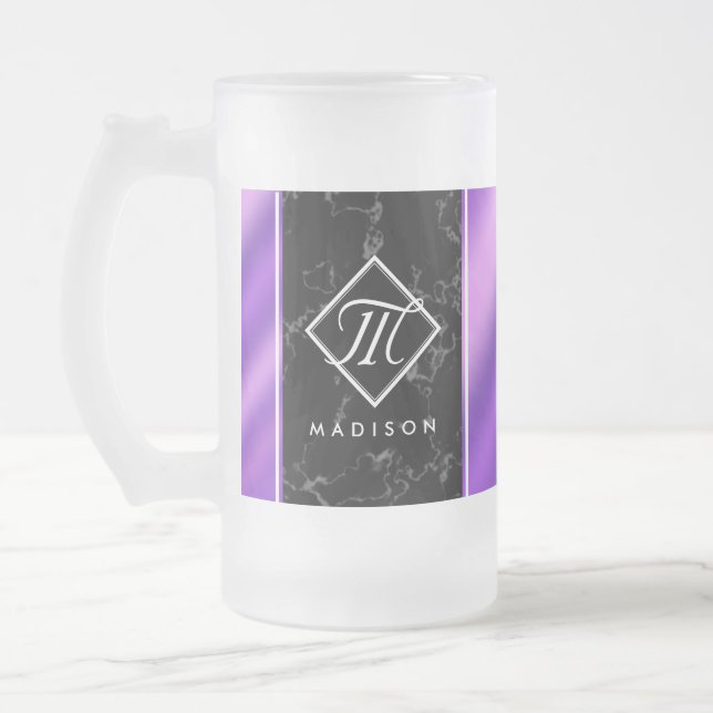 Elegant Black Marble & Purple Foil Monogram Frosted Glass Beer Mug (Left)