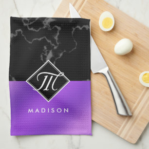 Elegant Black Marble & Purple Foil Monogram Tea Towel