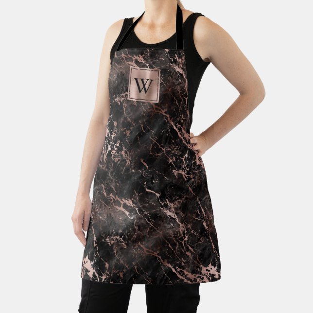 Elegant Black Marble Rose Gold Monogram Apron (Insitu)