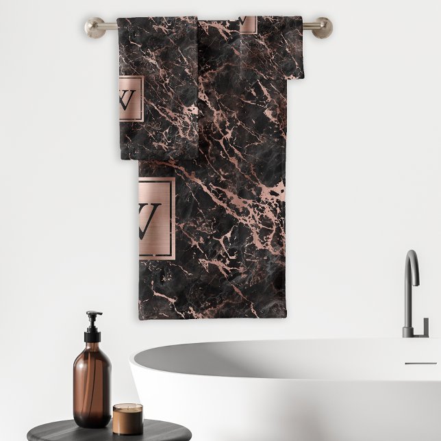 Elegant Black Marble Rose Gold Monogram Bath Towel Set (Creator Uploaded)