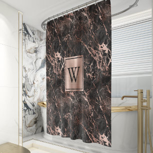 Elegant Black Marble Rose Gold Monogram Shower Curtain