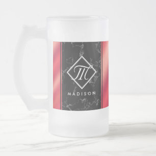 Elegant Black Marble & Rosé Red Foil Monogram Frosted Glass Beer Mug