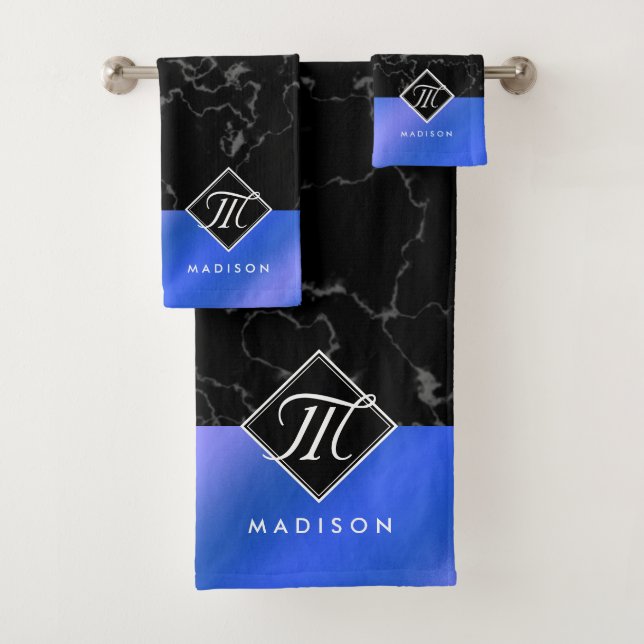 Elegant Black Marble & Royal Blue Foil Monogram Bath Towel Set (Insitu)