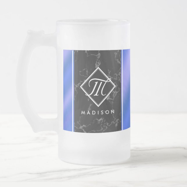 Elegant Black Marble & Royal Blue Foil Monogram Frosted Glass Beer Mug (Left)