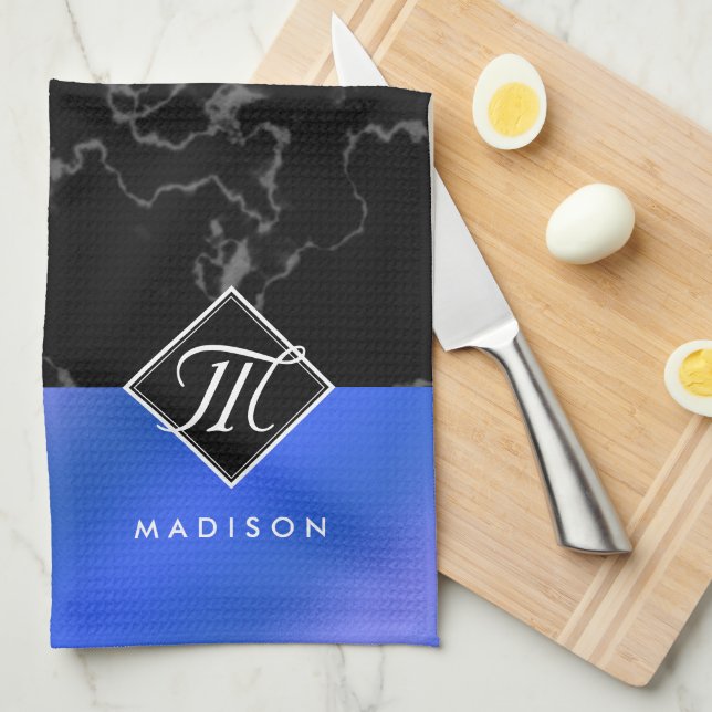 Elegant Black Marble & Royal Blue Foil Monogram Tea Towel (Quarter Fold)