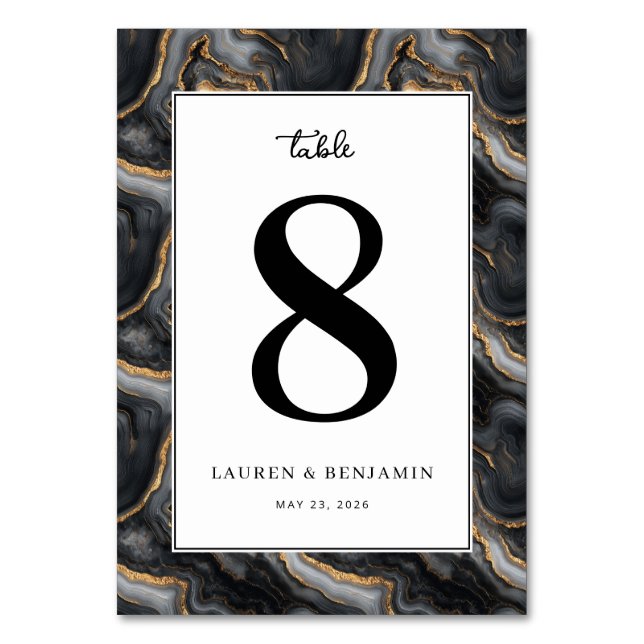 Elegant Black Marbled Number Card (Front)