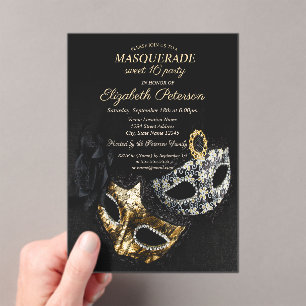 Elegant Black Masquerade, Masque Sweet 16 Acrylic Invitations