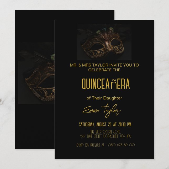 Elegant Black Masquerade Quinceañera 15 Birthday  Invitation (Front/Back)