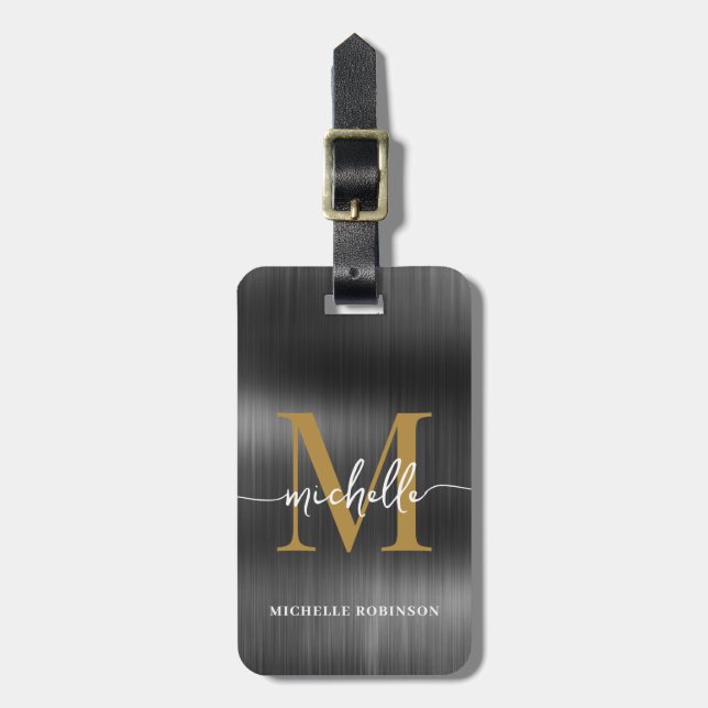 Elegant Black Metal Gold Monogram Initial Script Luggage Tag (Front Vertical)