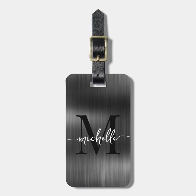 Elegant Black Metal Gold Monogram Initial Script Luggage Tag (Front Vertical)