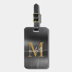 Elegant Black Metal Gold Monogram Initial Script Luggage Tag