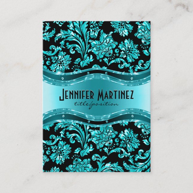 Elegant Black & Metallic Blue Vintage Damasks Business Card (Front)