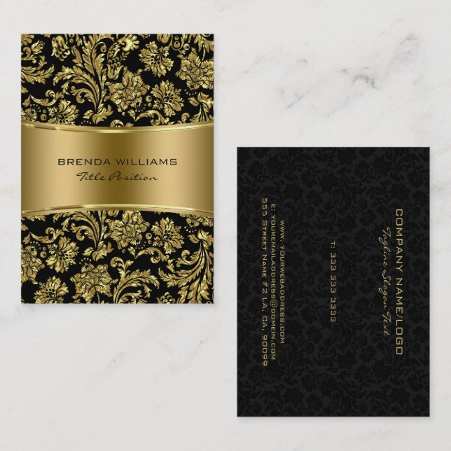 Elegant Black & Metallic Gold Floral Damasks Business Card (Front/Back)