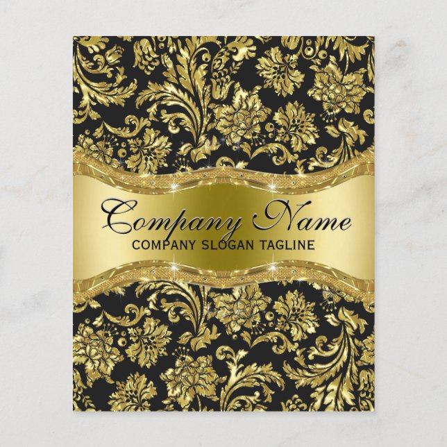Elegant Black & Metallic Gold Floral Damasks Flyer (Back)