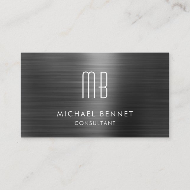 Elegant Black Metallic Monogram Consultant Business Card (Front)