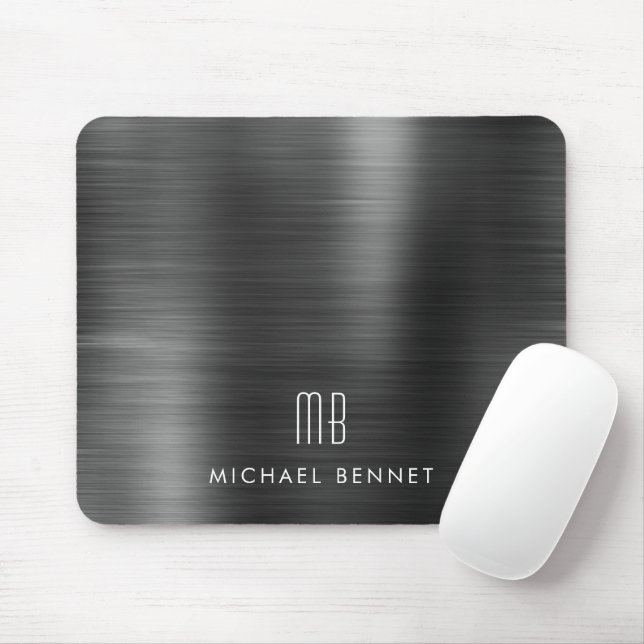 Elegant Black Metallic Monogram Name Mouse Mat (With Mouse)