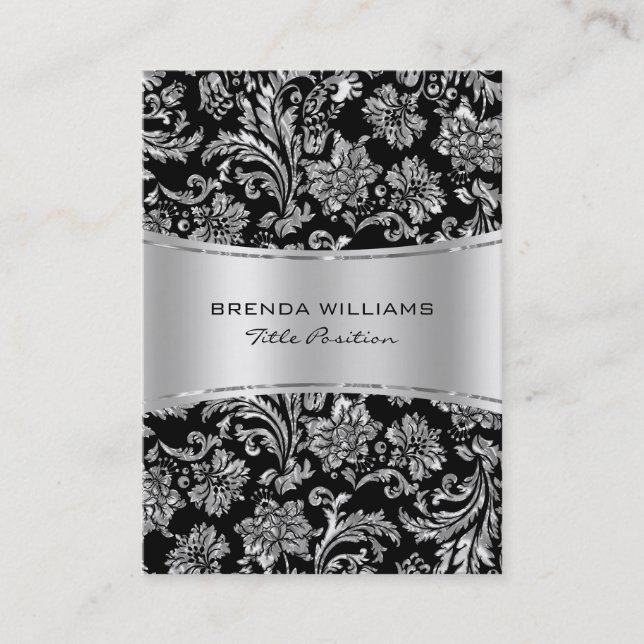 Elegant Black & Metallic Silver Floral Damasks 2 Business Card (Front)