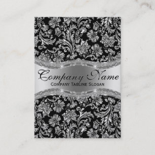 Elegant Black & Metallic Silver Floral Damasks Business Card